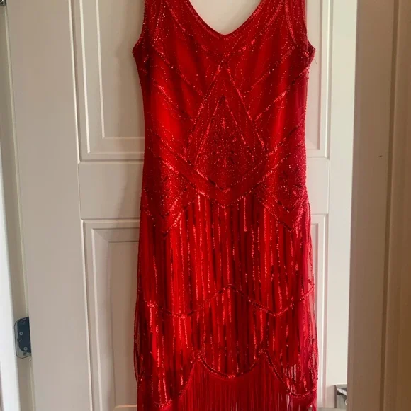 open lace back dress BABEYOND Sequined Multi Tassel Dress with Sleeves, Red Vintage Multi Tassel 1920s Ball Dress, Size M